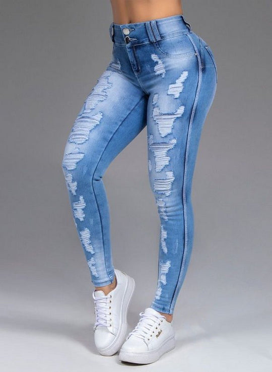 Hot Sale Ladies Jeans Ripped Holes Show Thin Stretch Jeans Trousers Women Trousers