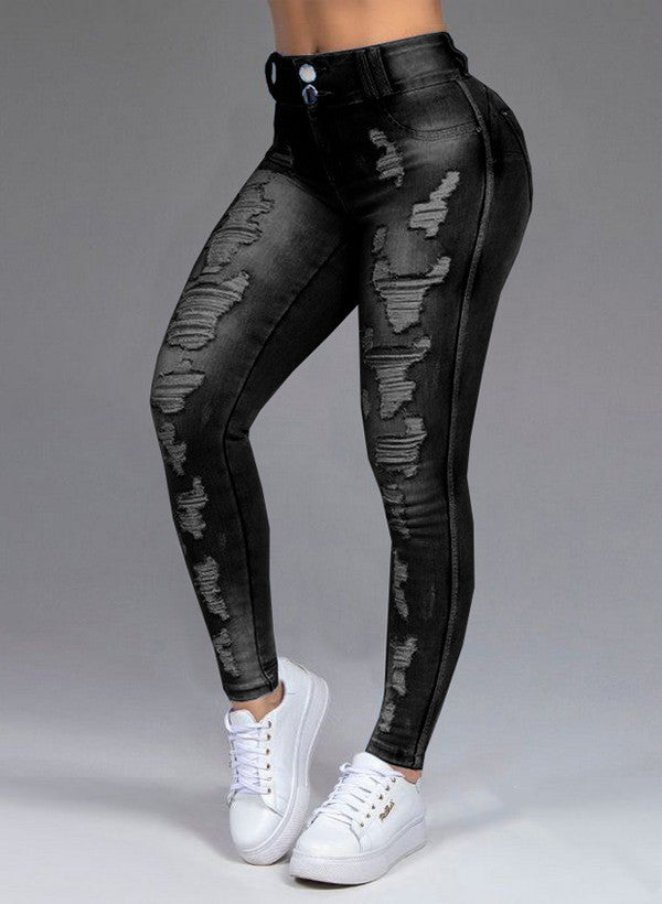 Hot Sale Ladies Jeans Ripped Holes Show Thin Stretch Jeans Trousers Women Trousers