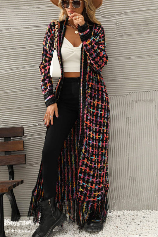 Multicolored Open Front Fringe Hem Cardigan