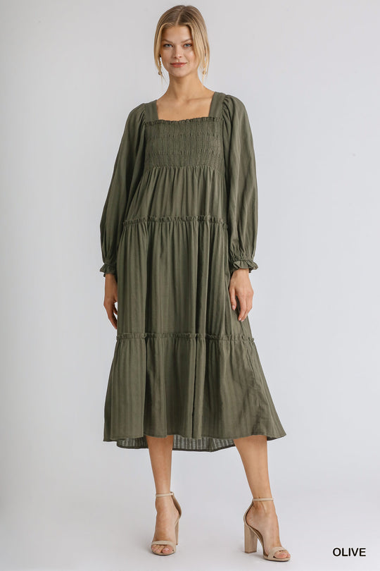 Ruffle Cuffed Long Sleeve Square Neckline Smocked Peasant Midi Dress