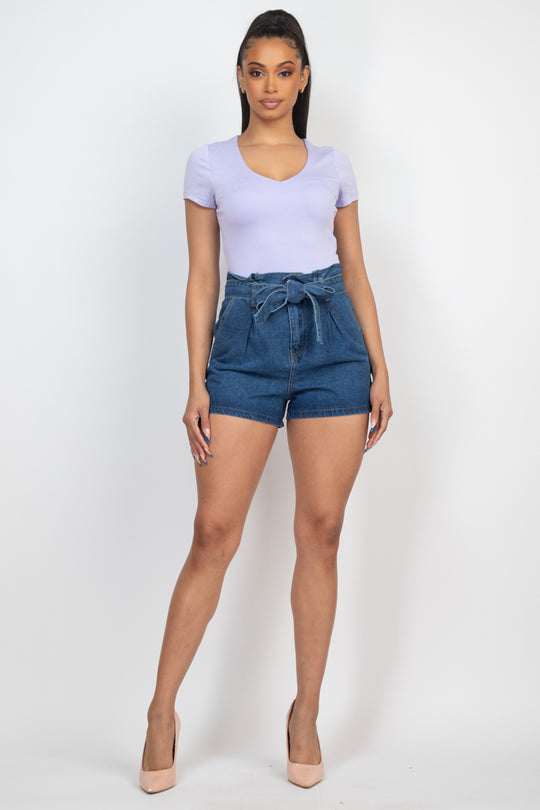 Acid Wash Belted Paperbag Denim Shorts