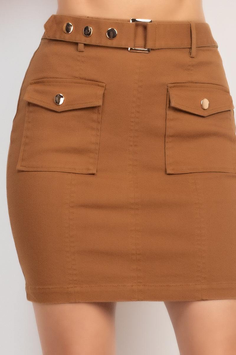 Belted Pocket Solid Mini Skirt