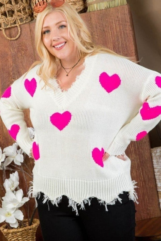 Neon Fuchsia Heart Print Distressed V Neck Long Sleeve Sweater