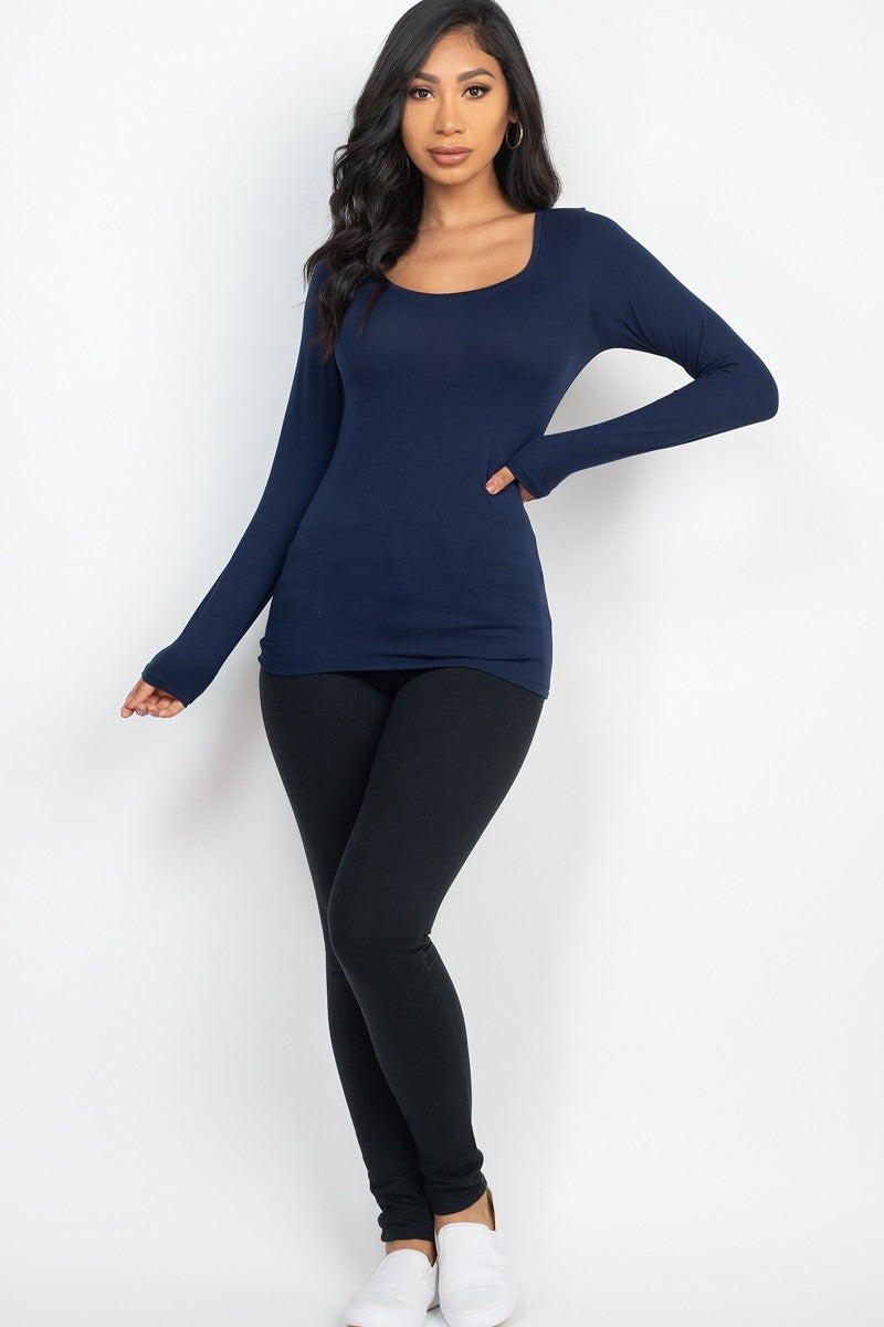 Scoop Neck Solid Long Sleeve Cozy Top