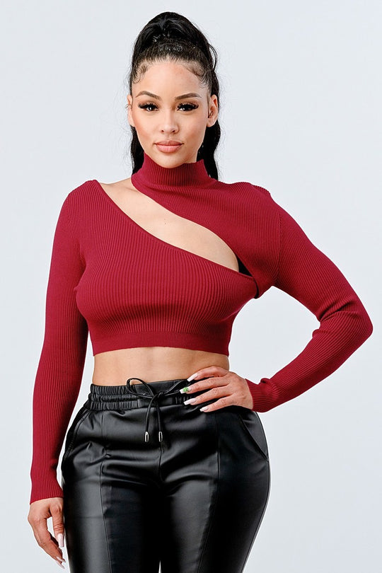 Lux Sweater Rib Cutout Mock Neck Crop Top