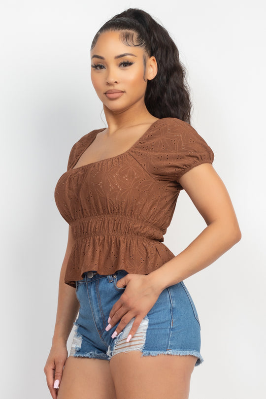 Puff Sleeve Eyelet Peplum Top