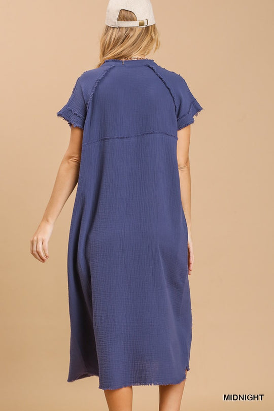 Split neck button down midi dress with no lining