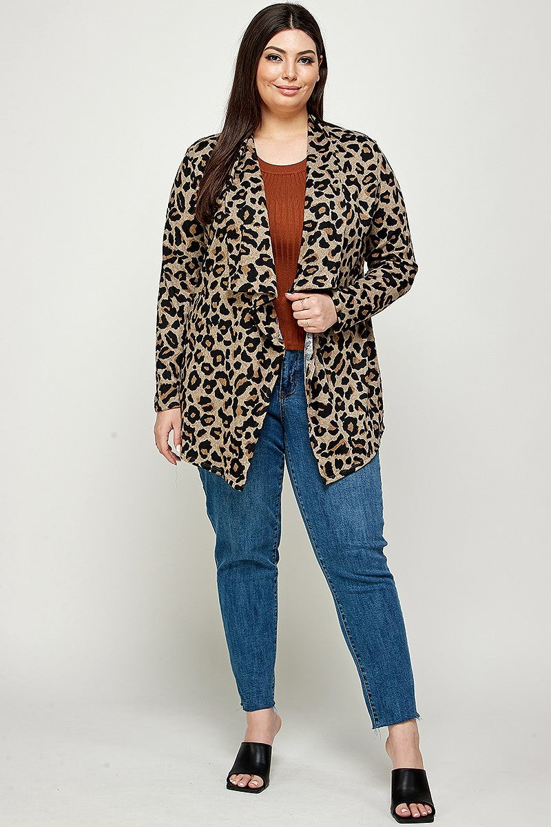 Plus Size, Animal Leopard Printed Knit Cardigan