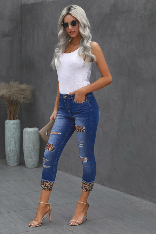 Leopard Patch Distressed Cropped Jeans